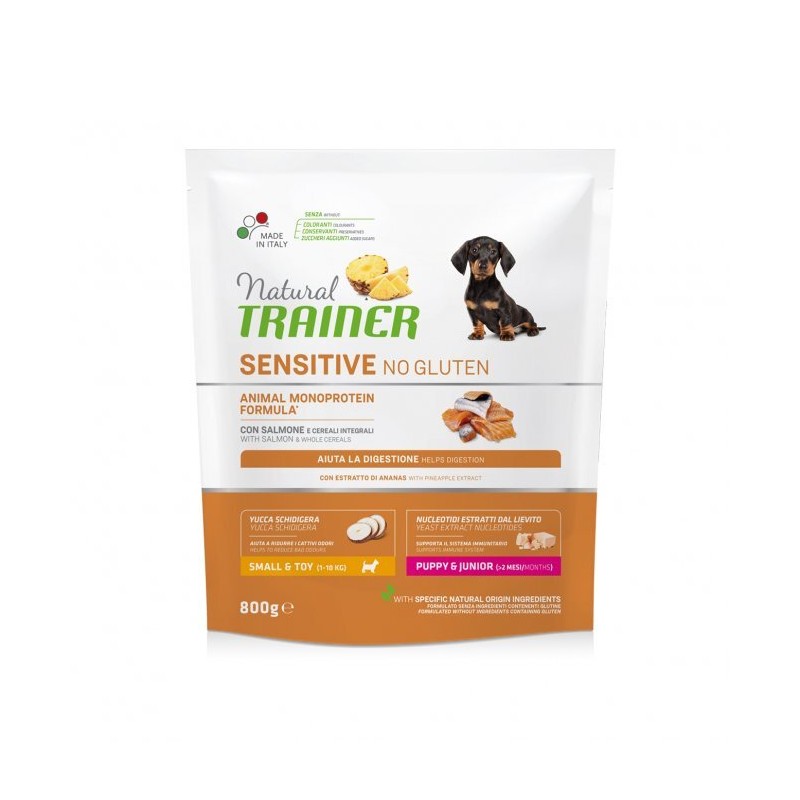 natural trainer sensitive no gluten puppy & junior small & toy  con salmone e cereali integrali